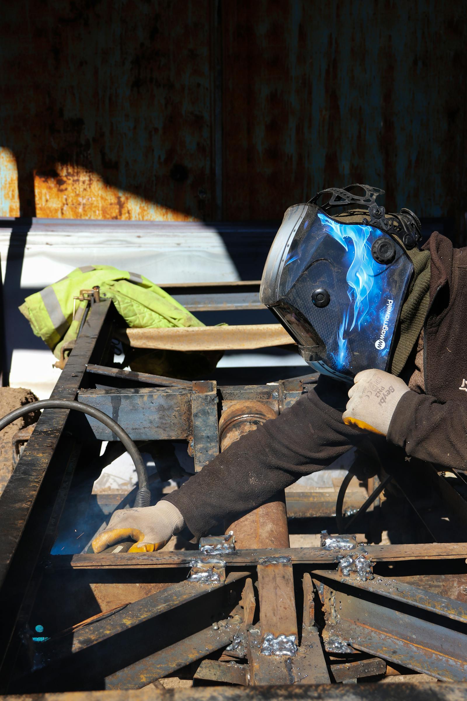 Outdoor welding on a steel frame
