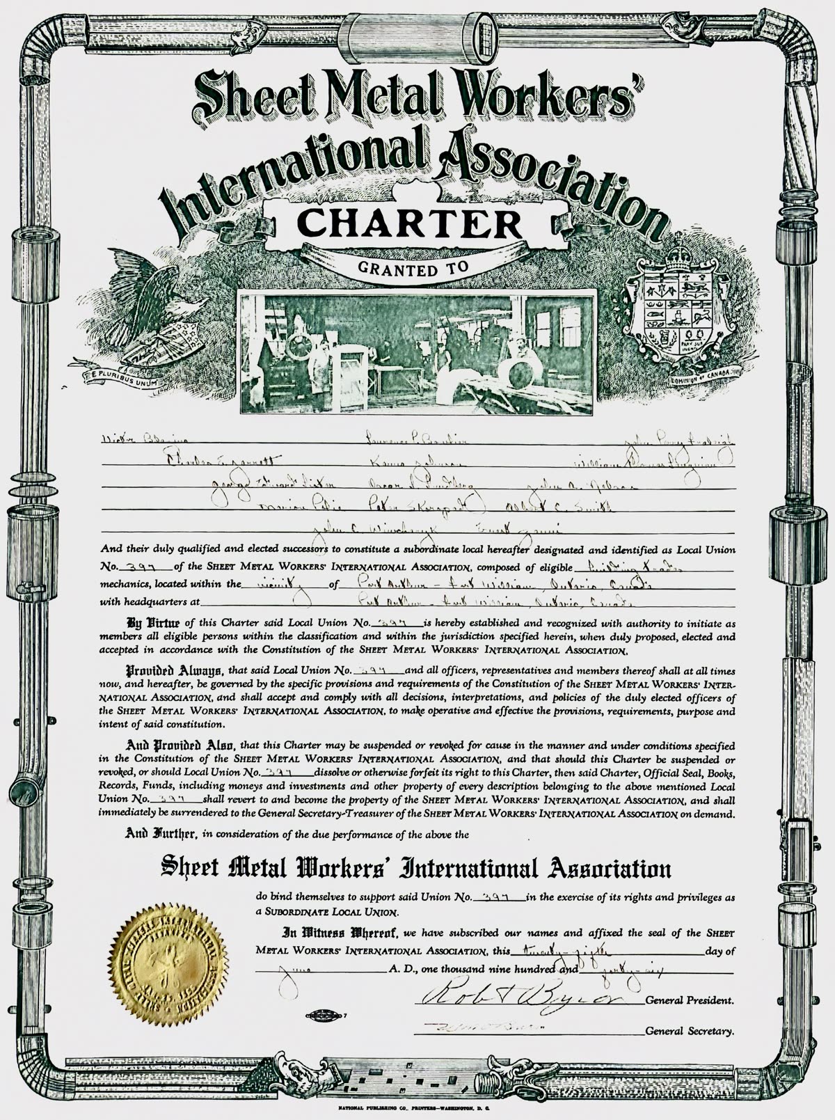 Sheet Metal Workers' International Association charter granted to Local 397, dated June 25, 1946, signed under seal by the General President and General Secretary.